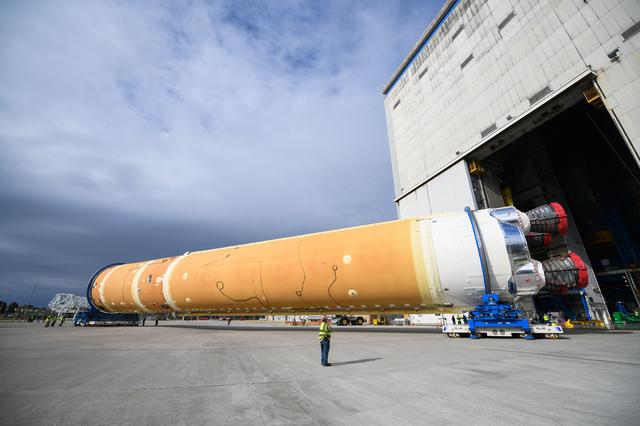 NASA image: NASA Prepares Artemis I SLS Rocket Stage for Move to Pegasus Barge